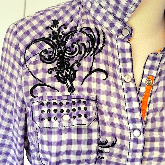 ROAR Buffalo Check Button Down Shirt NWOT Embroidered Design w/Studded Pockets - Picture 6 of 11